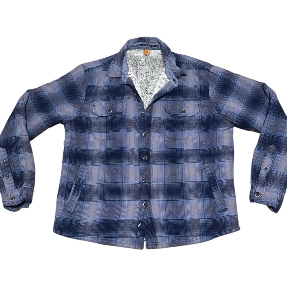 Tailor Vintage Mens Blue Plaid Sherpa Lined Flannel Shirt Jacket Size Large
